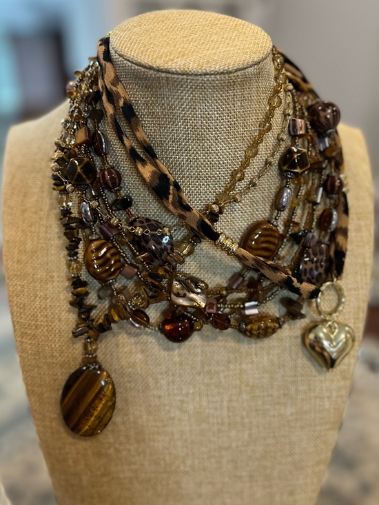 Jewelry - Mix of Brown glass and acrylic Necklaces with a Monet gold tone necklace